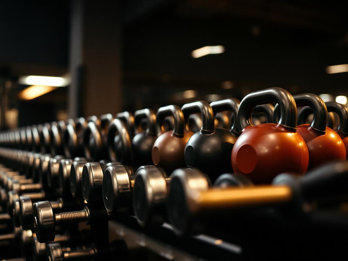 Row of kettlebells and dumbbells racked in a dimly lit gym