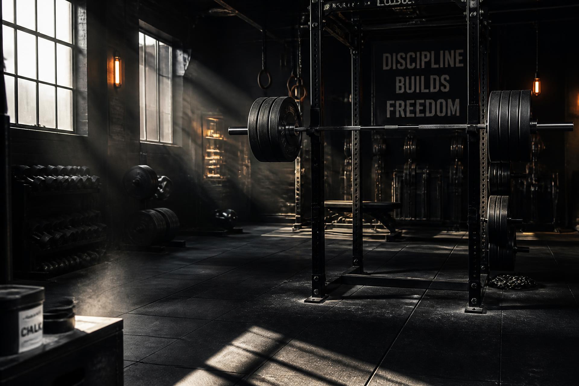 Loaded barbell racked in a dim gym with light through a window